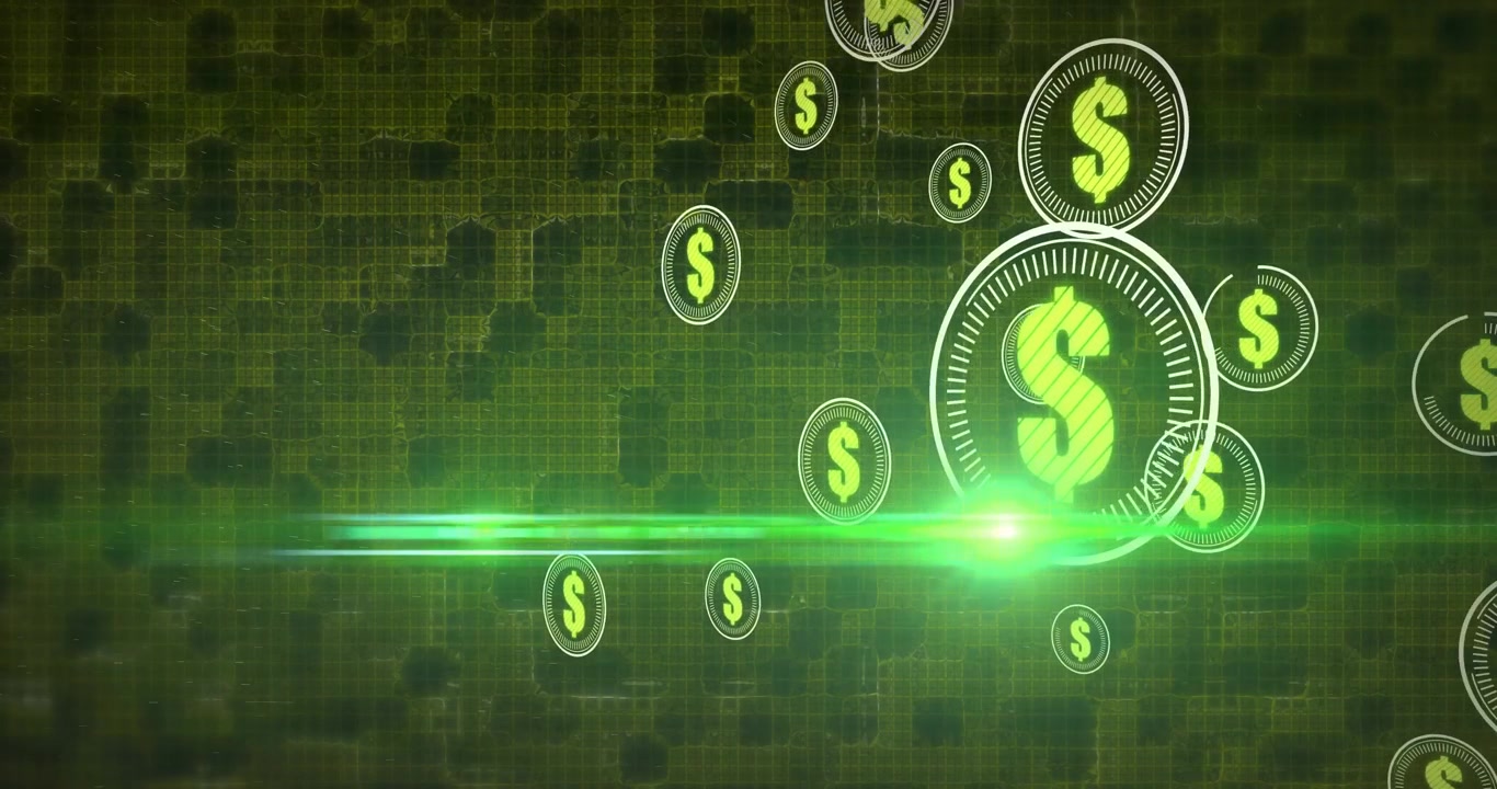 Moedas de dólar chartreuse aparecendo em um feixe esmeralda e flutuando para dentro, mostrando o crescimento financeiro.