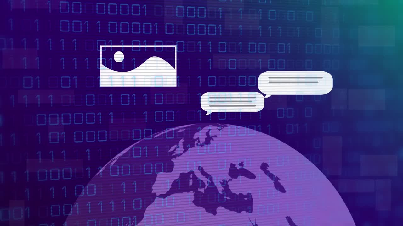 Animation of ai data processing over globe with ai icons