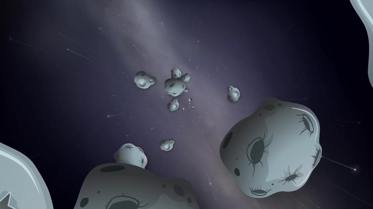 Asteroidi grigi stilizzati fluttuano attraverso una nebulosa viola scuro con stelle luminose e polvere cosmica