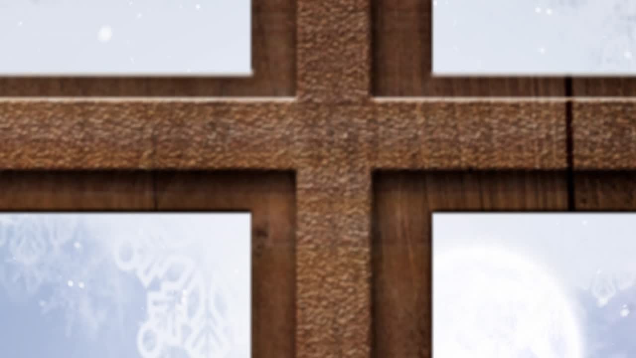 산타클로스가  ⁇ 매를 타고 렌더와 함께 창문을 통해 보이는 애니메이션