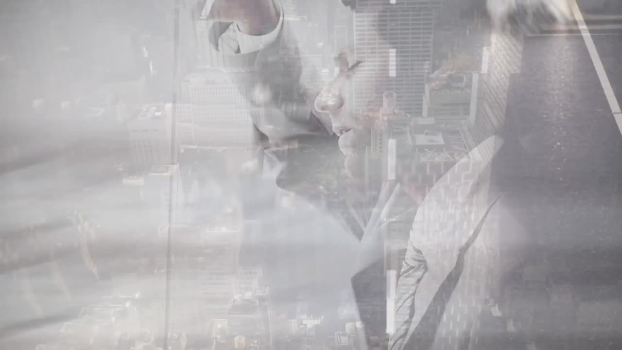 Animation of businessman thinking over road traffic and cityscape