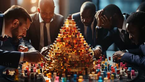 business professionals build a colorful pyramid of blocks during a meeting
