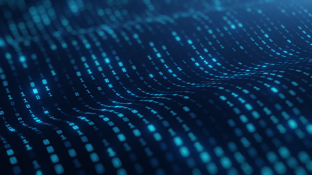 Futuristic 3D binary code background with glowing blue digits flowing in digital waves, perfect for technology, data analysis, and cybersecurity-related design concepts