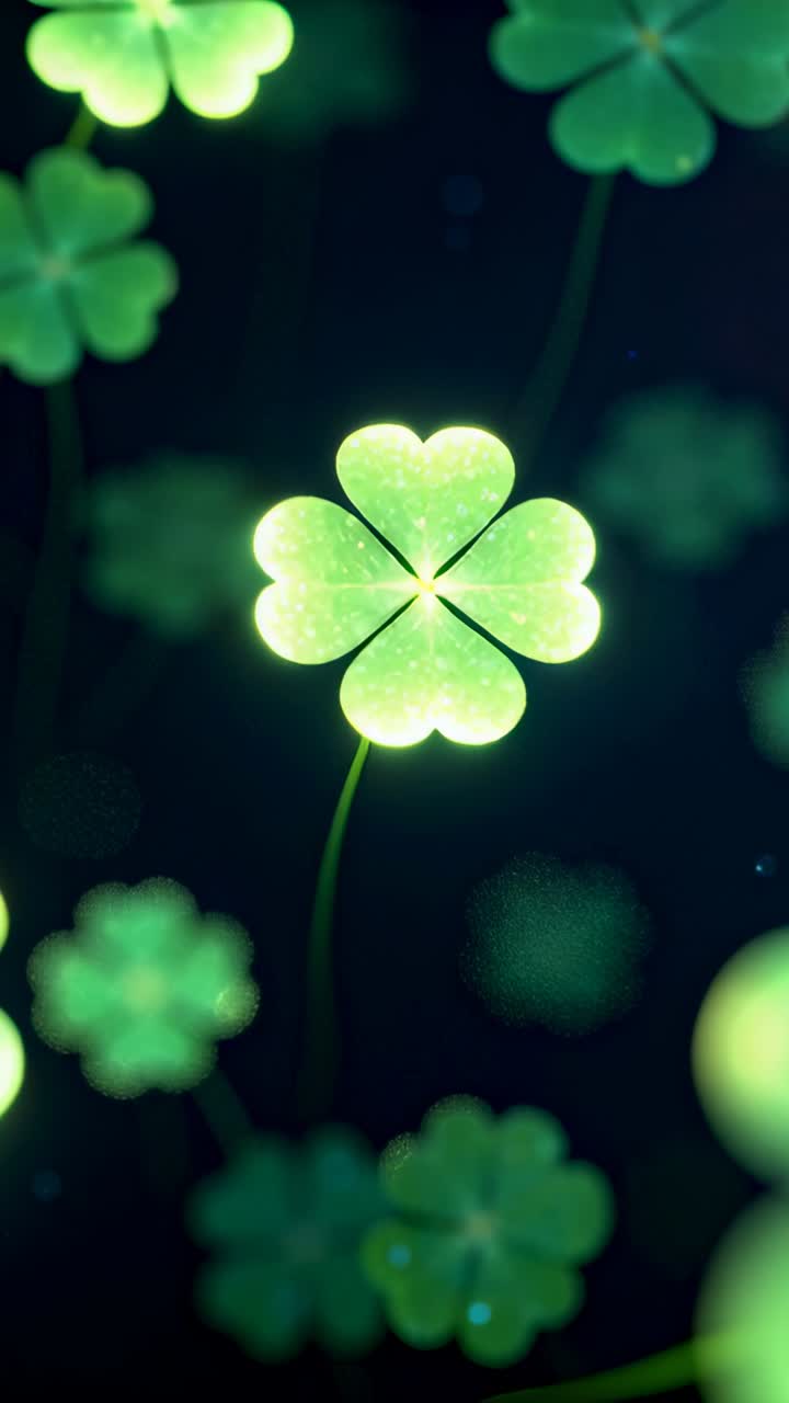 Vertical video: Pulsing four-leaf clover brightening, camera moving in dark set, particles drifting