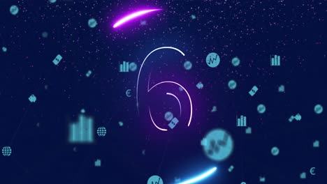 Animation-of-illuminated-countdown-from-10-to-2-in-circle-over-icons-against-abstract-background