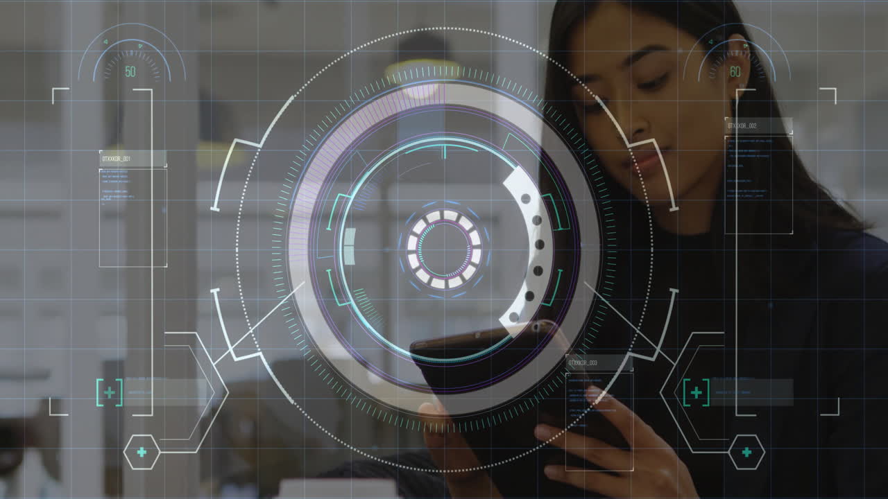 Futuristic digital interface animation over woman using smartphone in modern office