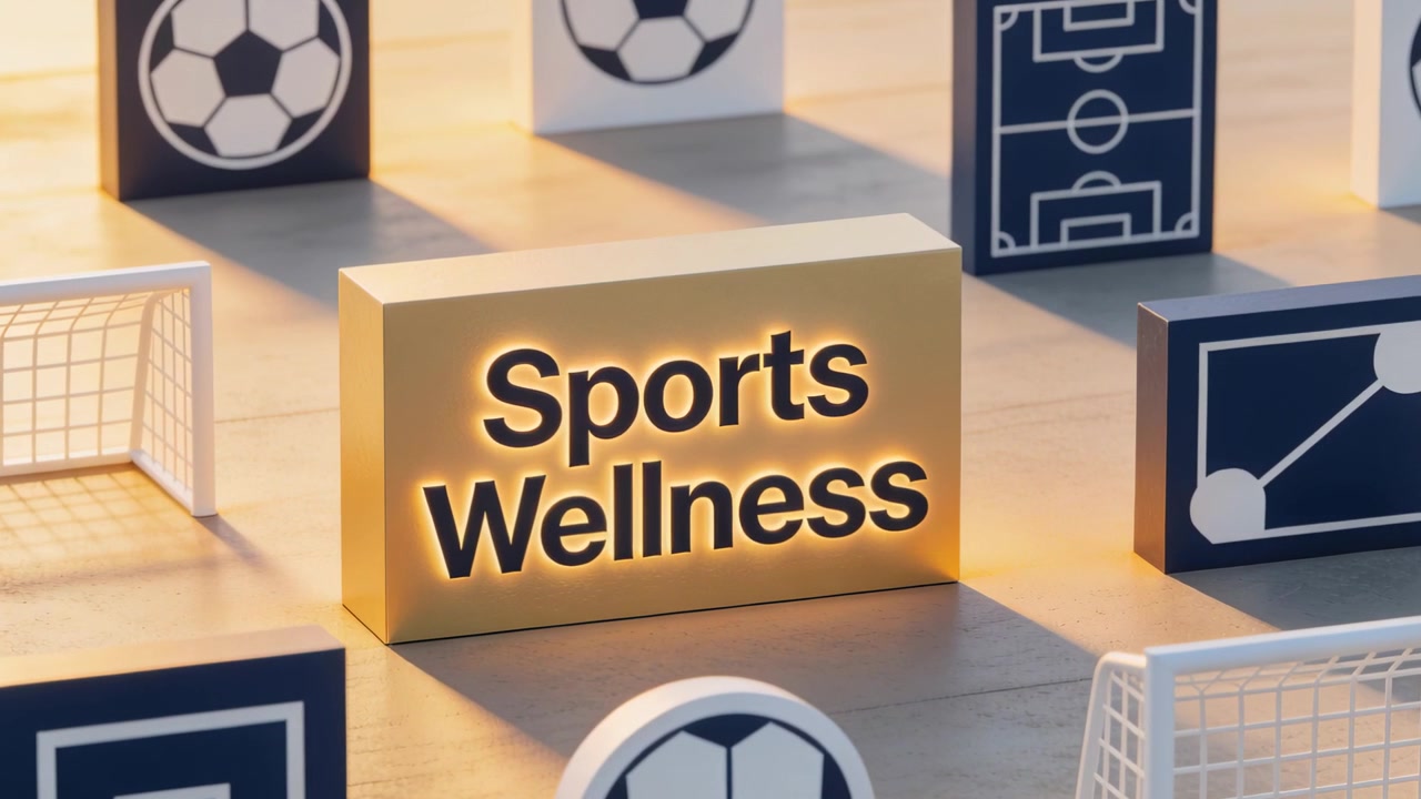 Bloco luminoso 'Sports Wellness' com a câmera a aproximar-se sobre a mesa, aquecendo fichas, objetivos, revelando a marca.