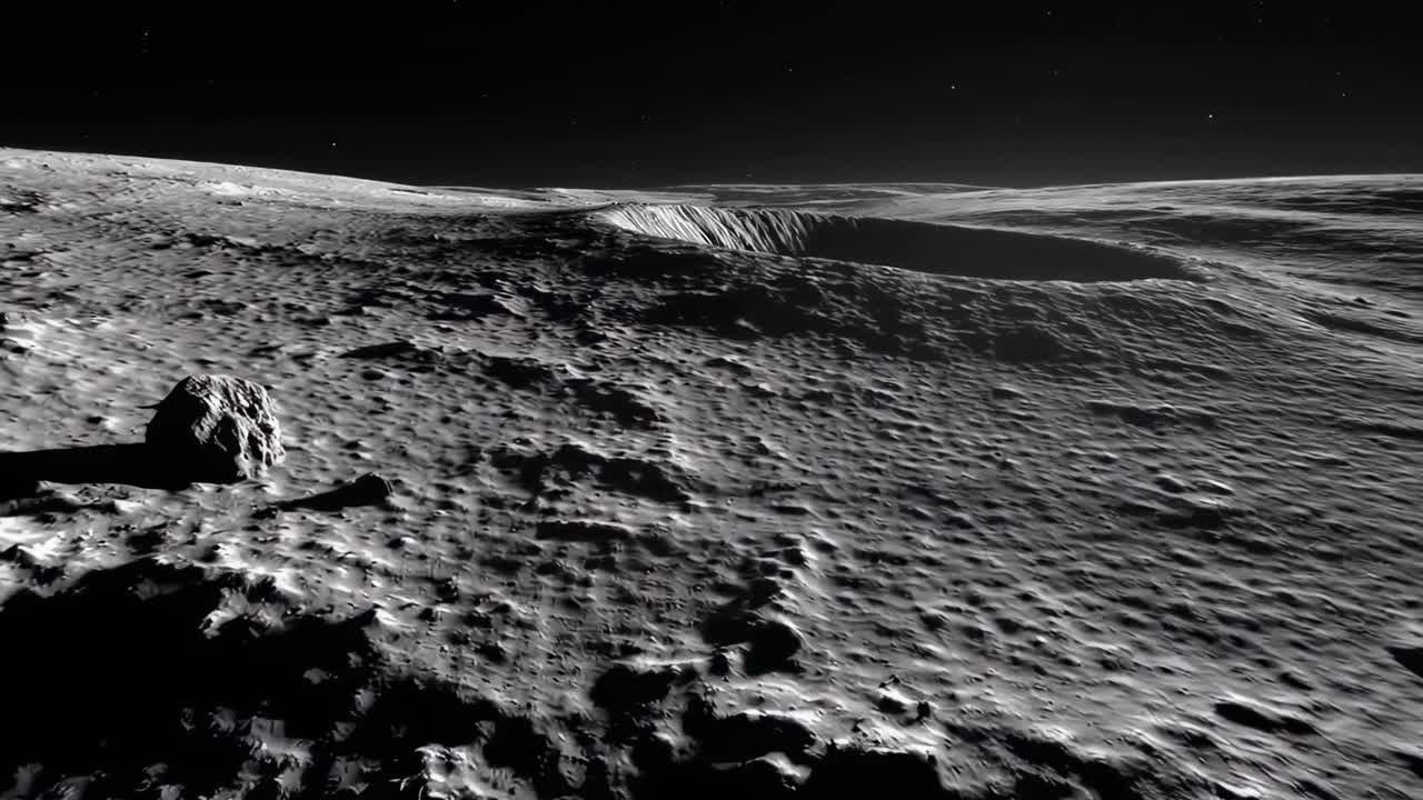 A video still of the moon's surface, captured from a low angle, showcasing craters in stark black