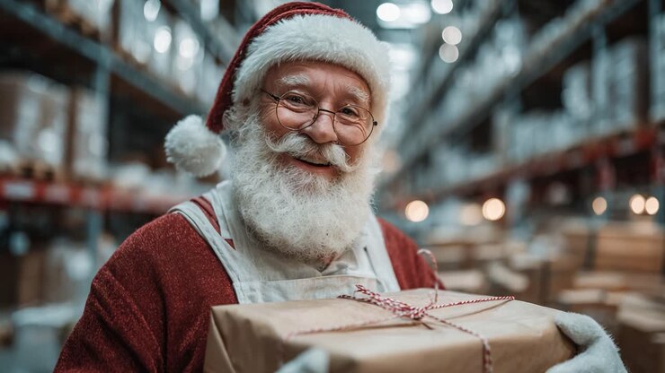 A Jolly Figure with a White Beard and Red Outfit Holds a Gift-Wrapped Package in a Busy Storage Facility Filled with Boxes, Spreading Holiday Cheer and Joy
