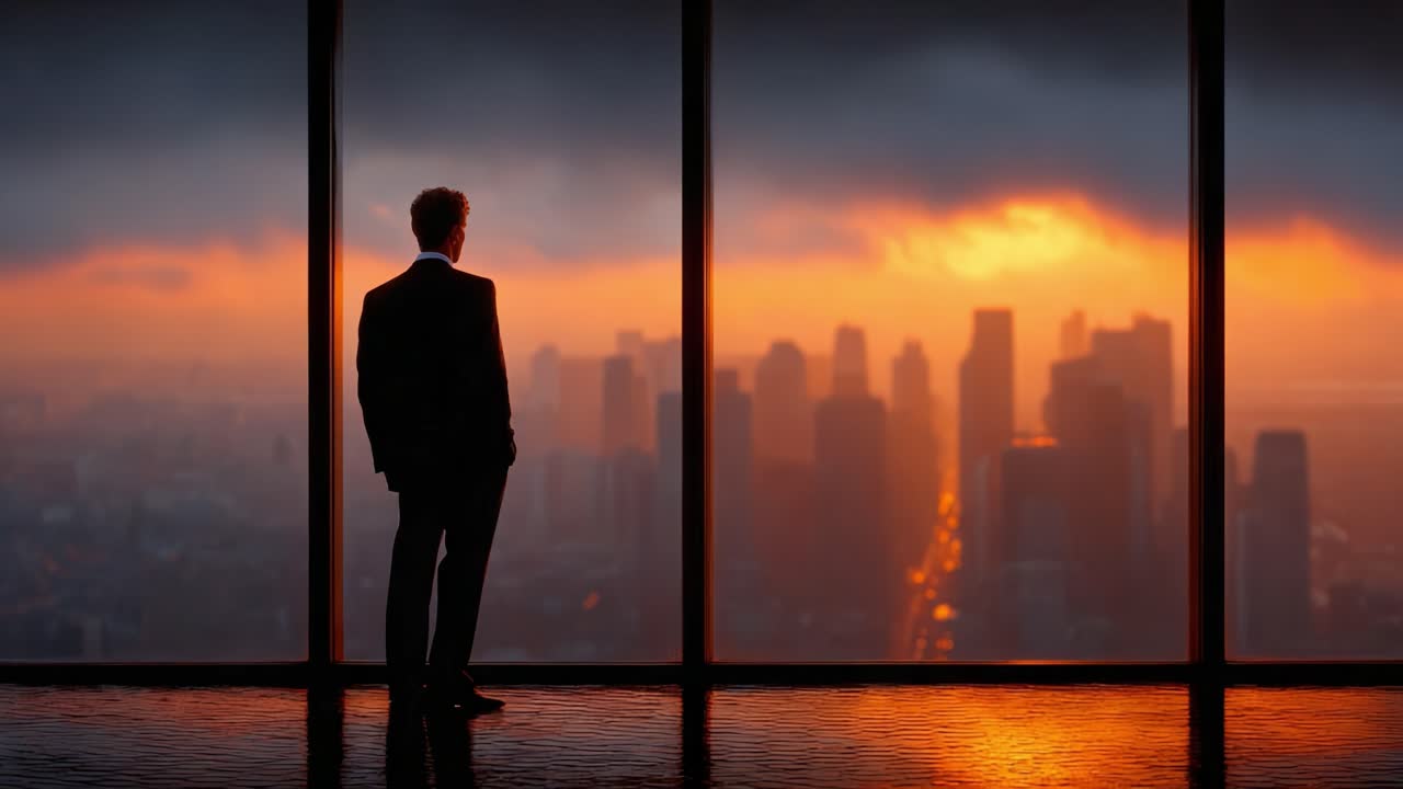 A Solitary Figure in Business Attire Contemplates the Dusk Urban Landscape from a High-Rise Window, Capturing a Moment of Reflection between Day and Night