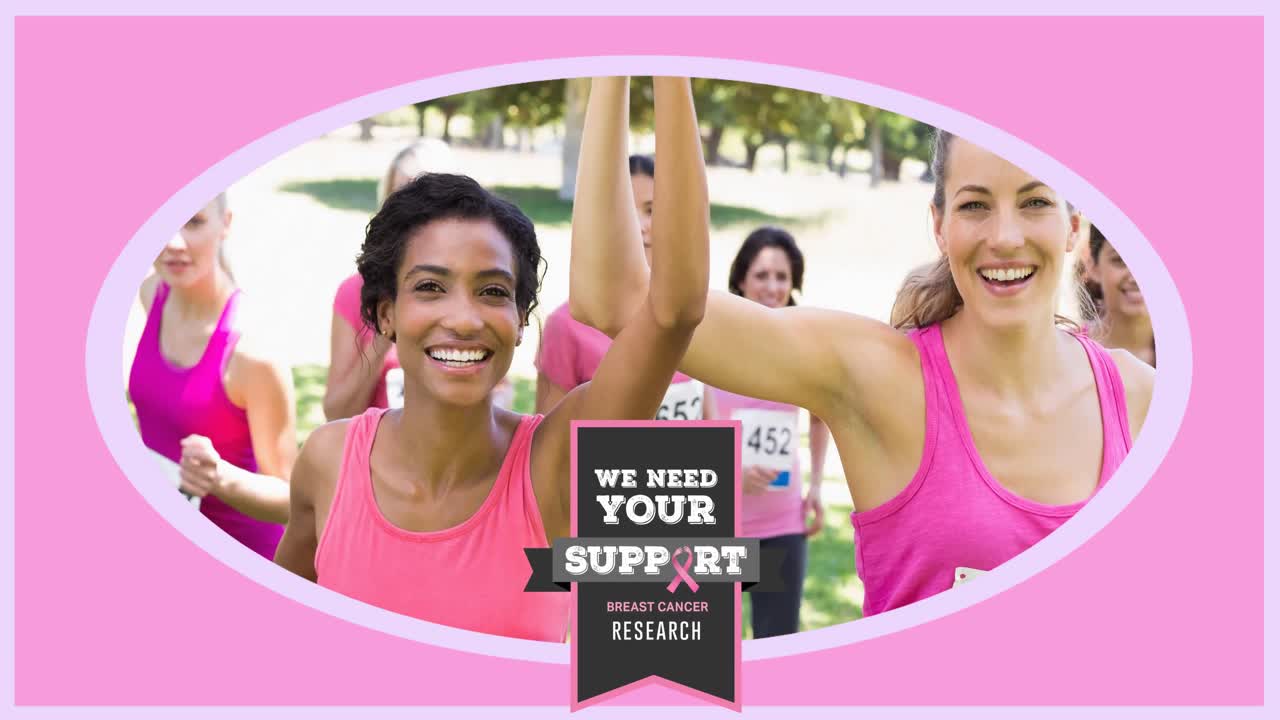 Animazione del logo del nastro rosa con la scritta "cancro" su un gruppo eterogeneo di donne sorridenti