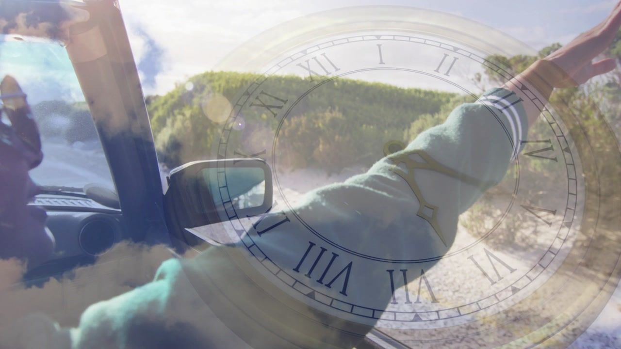 As car drives woman leaning sliding arm out reaching sky travel clock cloud rotating around wrist