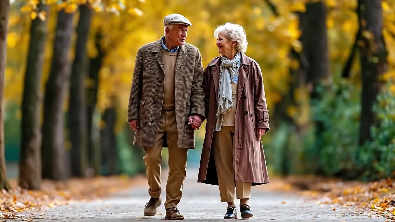 An elderly couple walking in the park