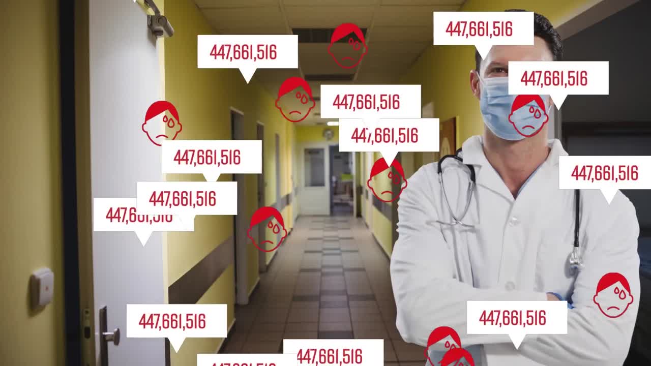animación de números cambiando sobre un médico caucásico con máscara facial