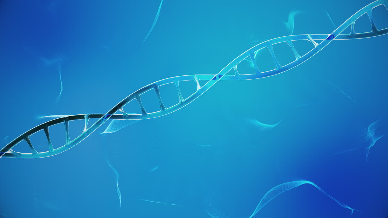 bucle de animación de hebra de adn azul y brillante sobre fondo de bucle azul claro