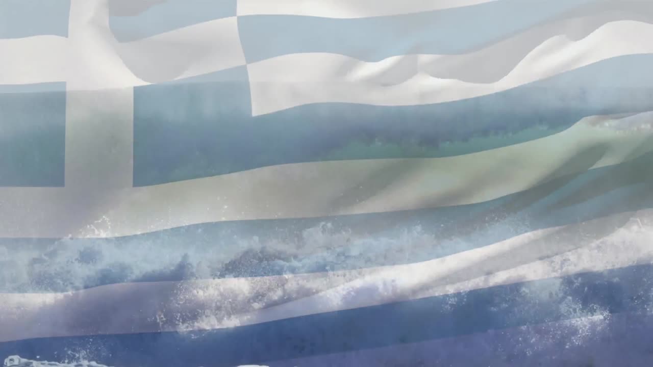 animación de la bandera de grecia ondeando sobre el paisaje marino de la playa