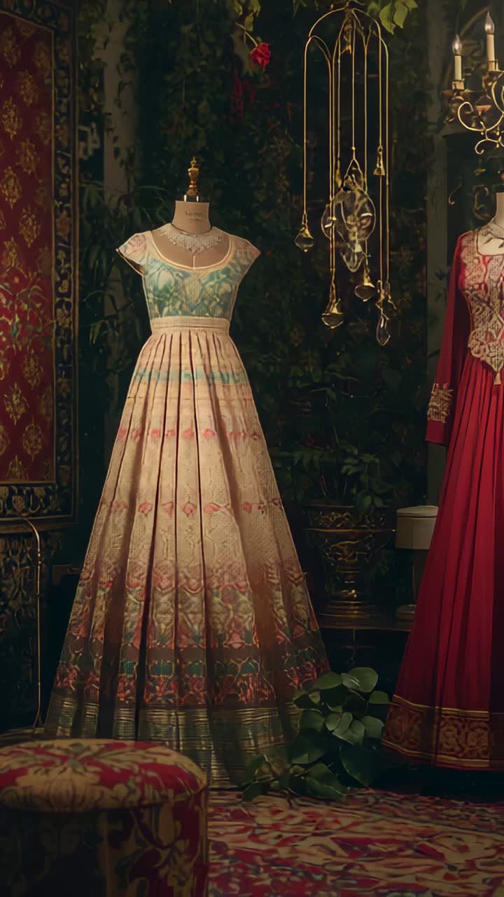 Vídeo vertical: la cámara se desplaza por una boutique mostrando un vestido verde en un maniquí y un vestido rojo