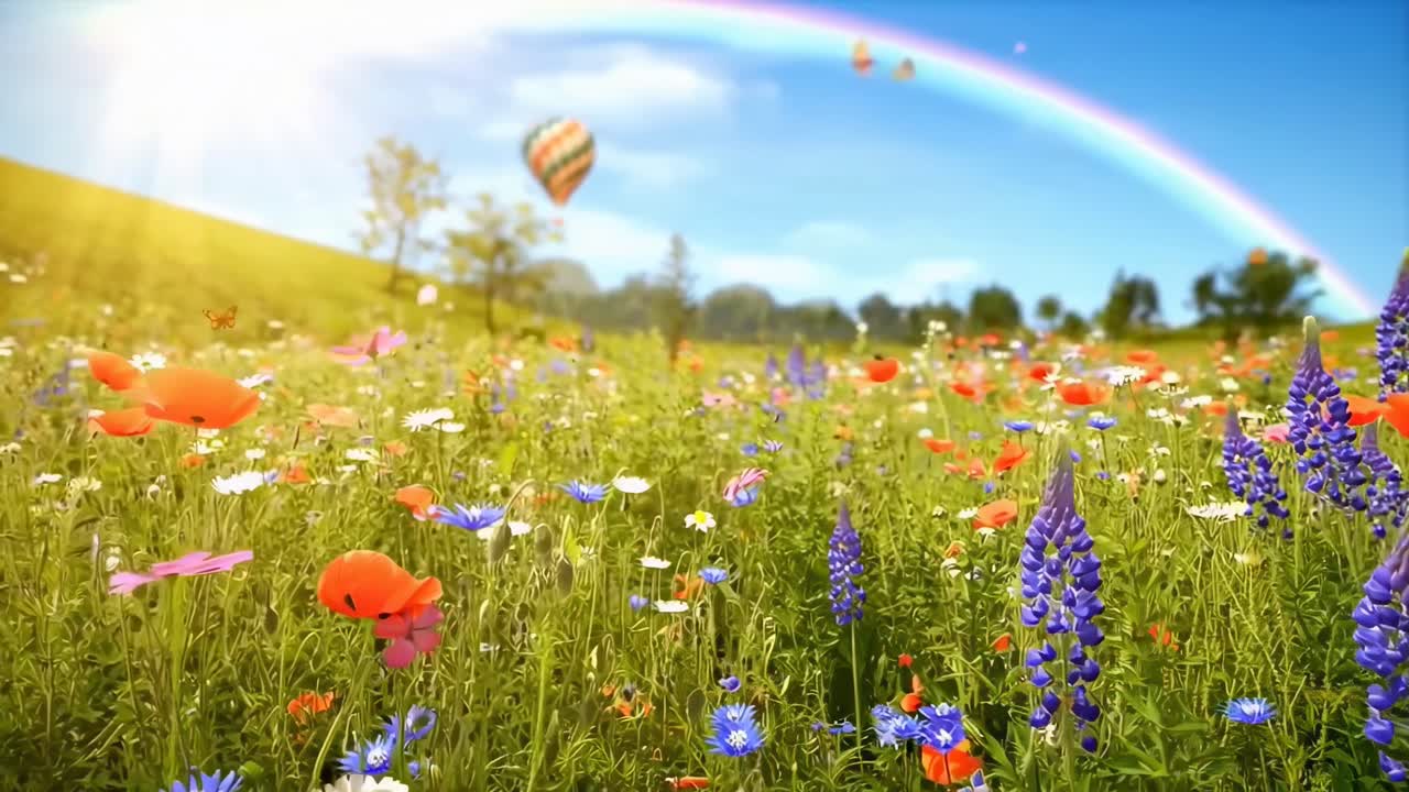 Livlig eng-video med lav vinkel, som fanger fargerike blomster og en regnbue