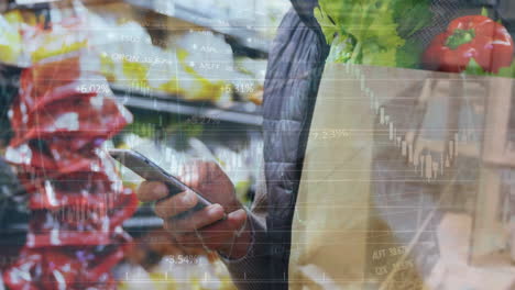 animation of data processing over biracial man using smartphone in shop