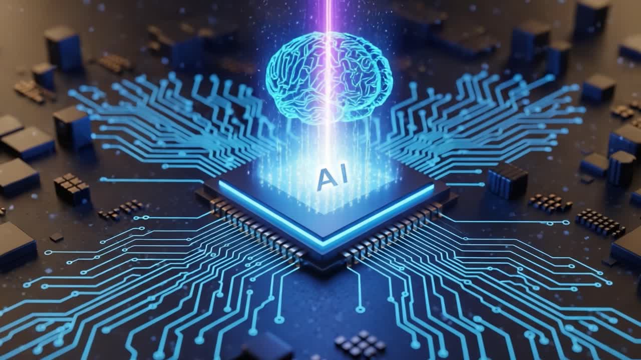 A captivating visual representation of artificial intelligence, showcasing a brain hologram emerging from a microchip, symbolizing the fusion of technology and cognitive power