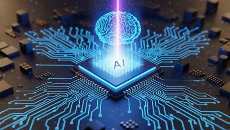 a captivating visual representation of artificial intelligence, showcasing a brain hologram emerging from a microchip, symbolizing the fusion of technology and cognitive power