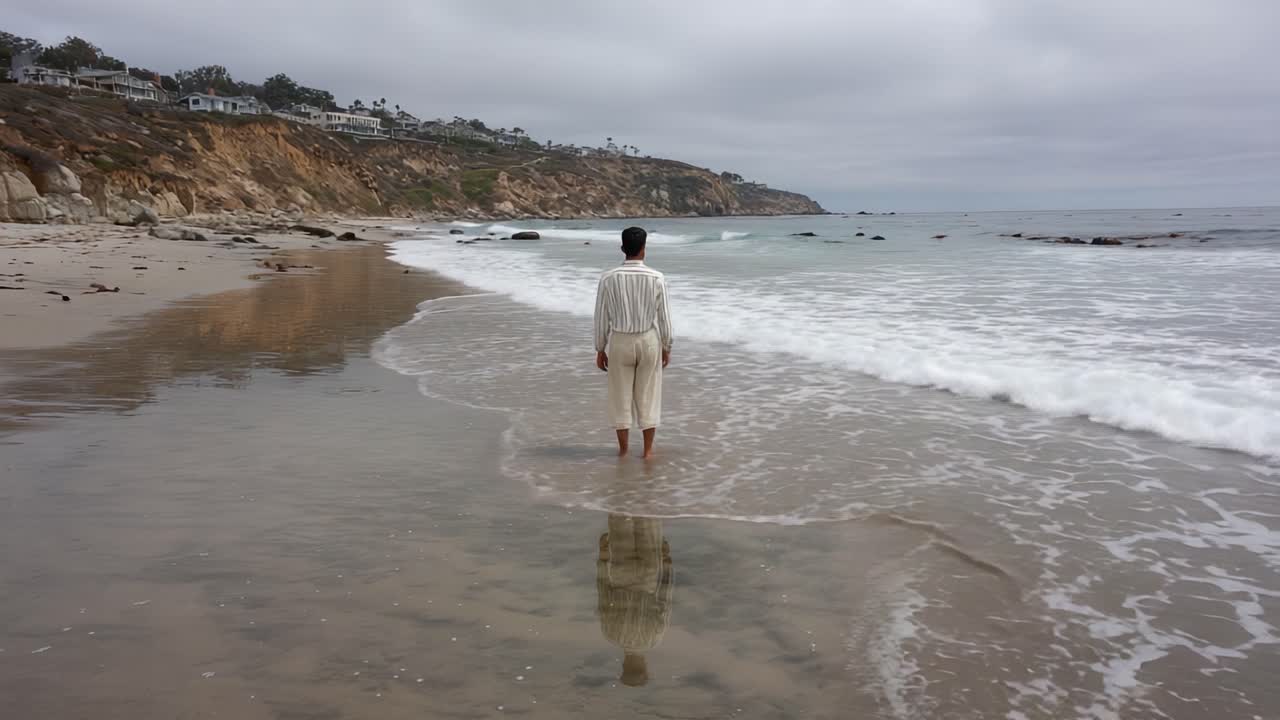 Una figura solitaria in piedi sul bagnasciuga dell'oceano, che riflette sulla vita mentre le onde si infrangono dolcemente sulla riva, sotto un cielo coperto.
