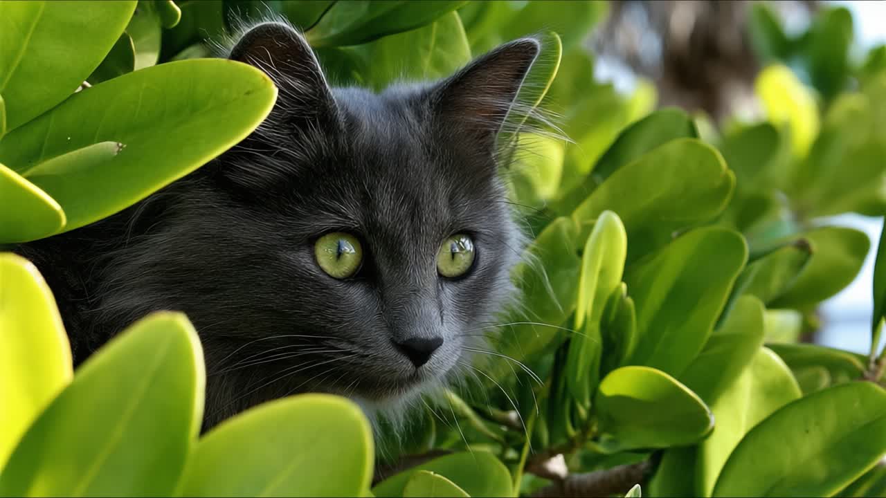 Un Bellissimo Gatto Grigio con Sorprendenti Occhi Verdi Sbircia tra Foglie Verdi Rigogliose, Catturando un Momento di Curiosità e Giocosità nella Natura