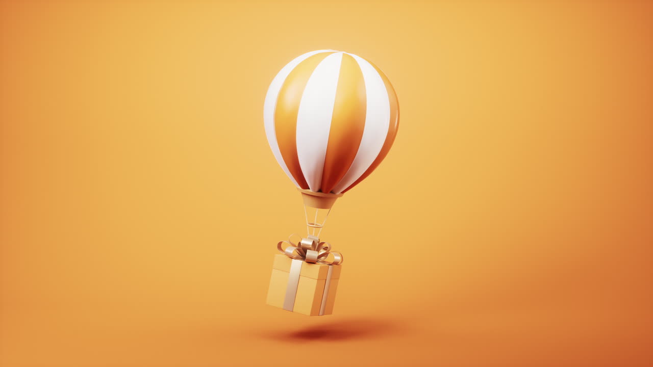 animación en bucle de globo de aire caliente y caja de regalos, renderización en 3d.