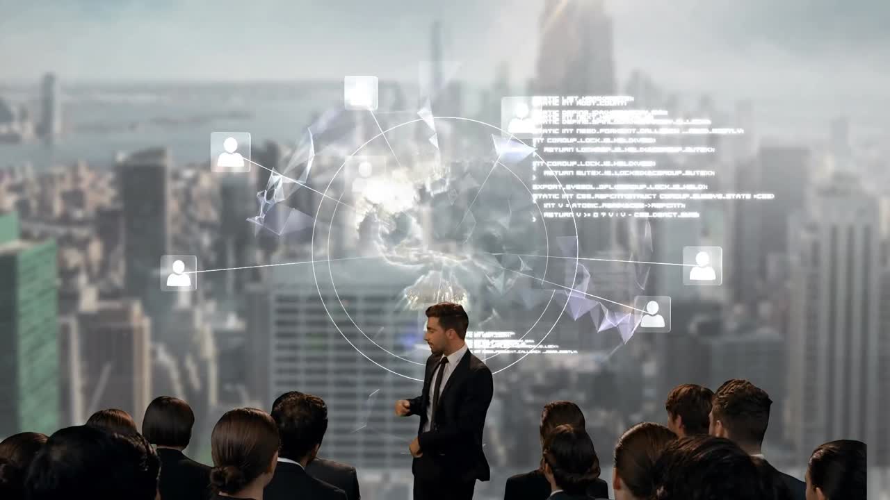 지구와 도시 풍경에 대한 프레젠테이션을 하는 코카시안 사업가의 애니메이션