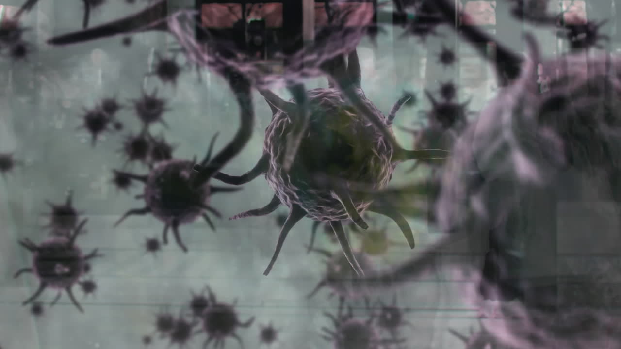 animação de células de covid-19 sobre pessoas a caminhar pela rua