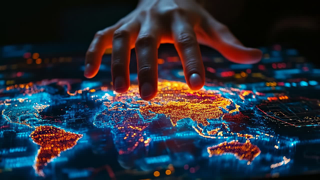 Digital maps with tech. A hand reaches toward a glowing digital map, highlighting cities and data points in vibrant colors at night