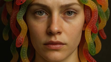 Caucasian woman wearing colorful gummy worms as medusa hair with closed eyes, in a dark background, representing a creative and playful interpretation of mythology