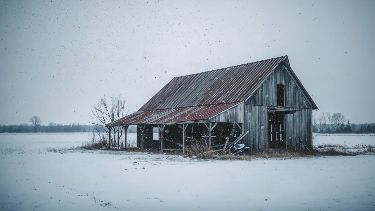 Showing weathered barn with rusted roof and lean-to porch standing in snowy field, snow falling