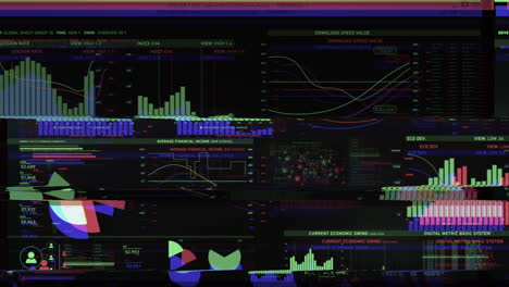 digital glitch data collection with graphs, data sets, codes, financial data, numbers - hacked interface - seamless loop