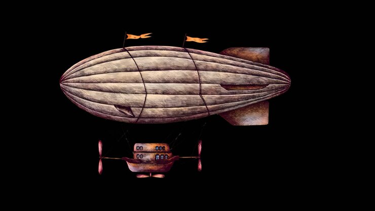 Vintage airship illustration animation isolated asset, transparent 4K video, alpha channel, ProRes