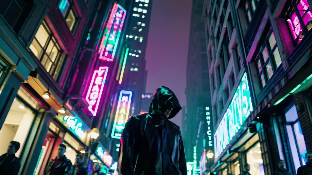 夜晚赛博朋克城市景观与人物