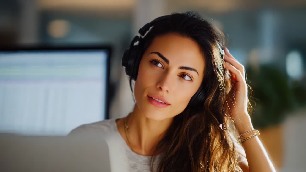 Una giovane donna concentrata si gode la sua esperienza musicale con le cuffie, creando un'atmosfera serena mentre lavora al computer, dimostrando concentrazione e relax in uno spazio di lavoro moderno