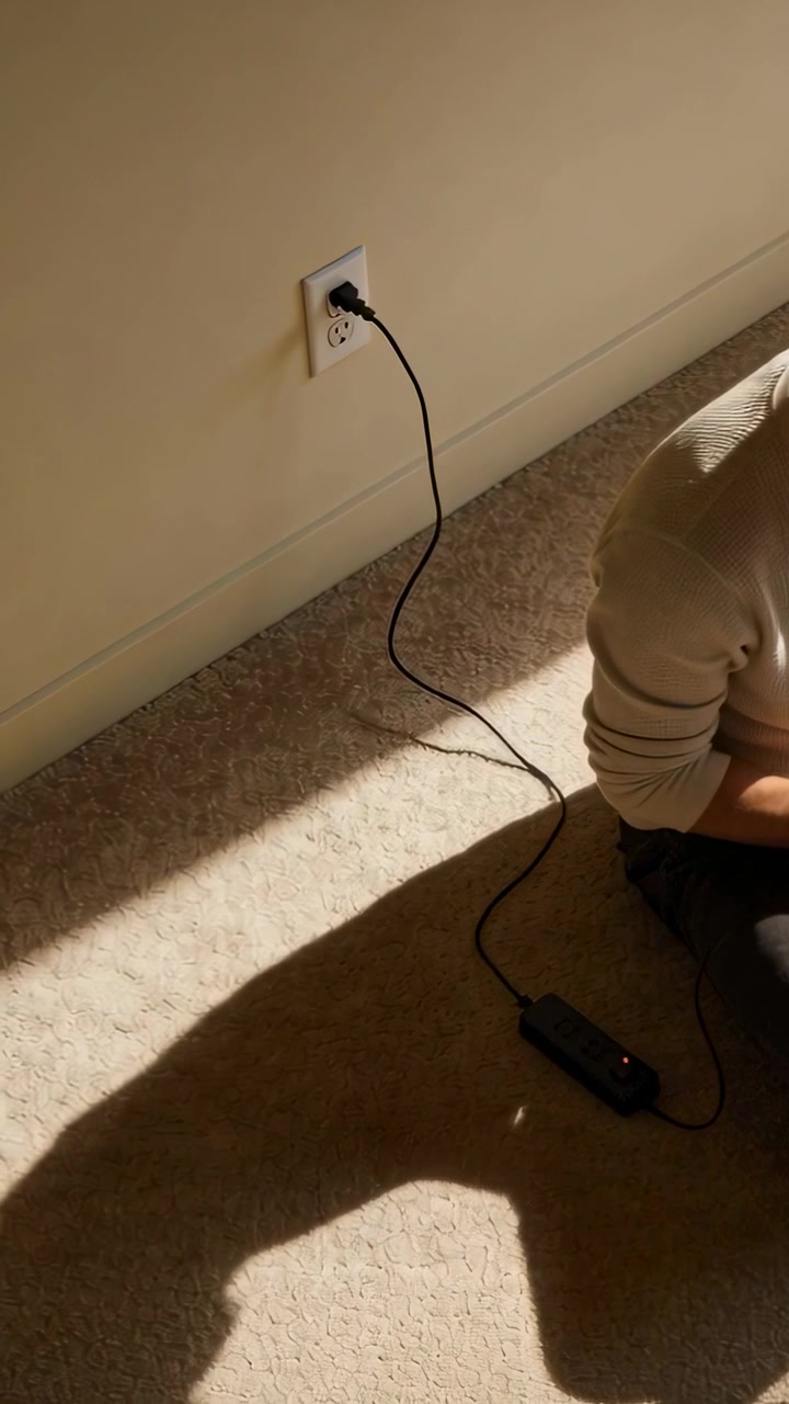 Vertical video: Shifting woman in ribbed top adjusting by outlet moving cable module, copy space