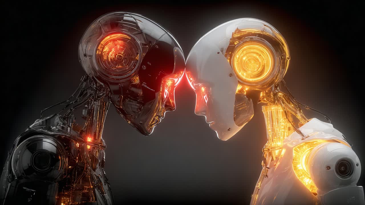 Incontro visivo tra due robot futuristici in un intenso momento di connessione e scambio di energia attraverso le loro avanzate caratteristiche meccaniche
