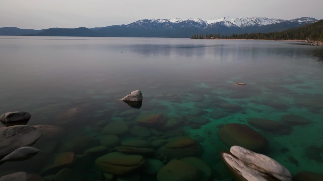 Bulutlu kış günü, Sand Harbor, Güney Tahoe Gölü kayalıkları, Kaliforniya Incline Village havadan dron çekimi, kristal berraklığında cam gibi turkuaz su, Secret Whale Chimney, Kings Beach kıyı şeridi, ileriye doğru hareket.