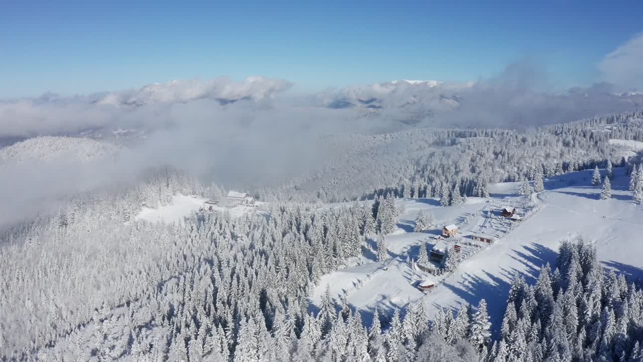 montañas bucegi cubiertas de nieve con nubes y árboles, vista aérea