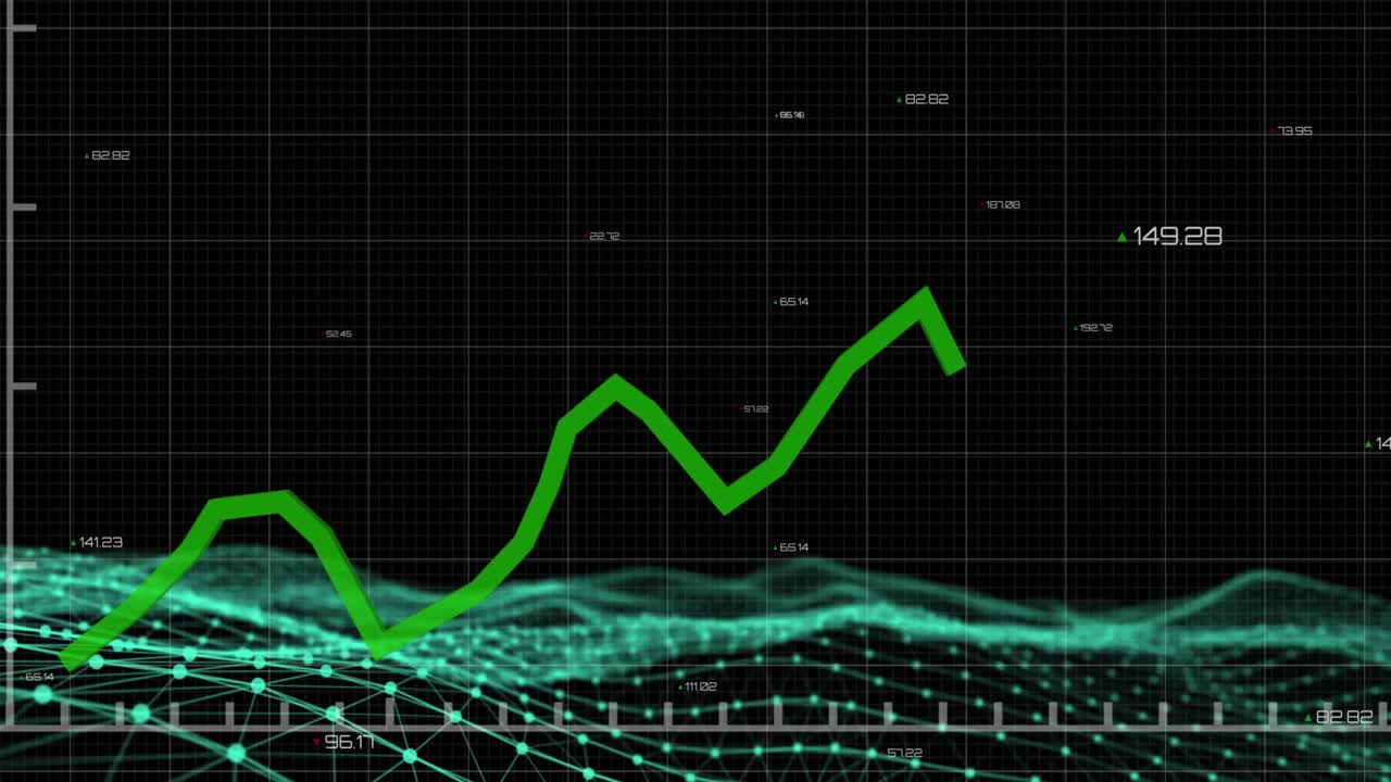 gráficos verdes que se mueven contra el procesamiento de datos y la onda digital en fondo negro