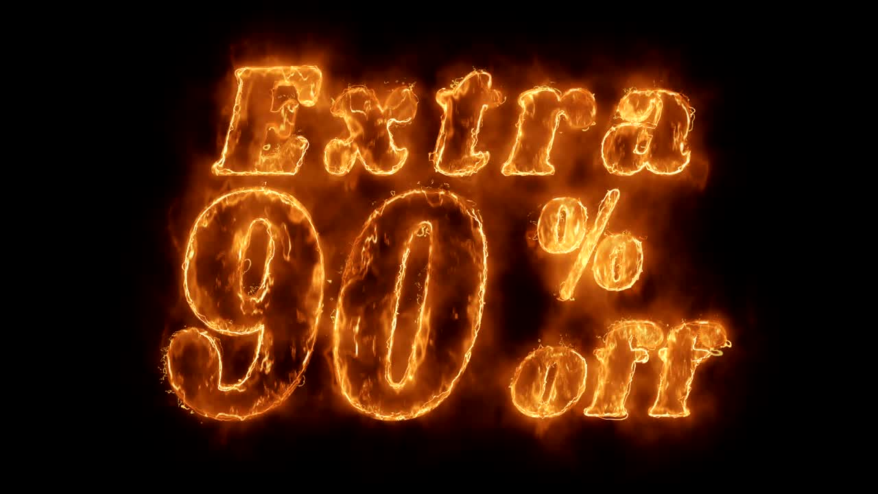 90% extra de descuento en palabras animadas calientes que queman un bucle de llamas de fuego realista.