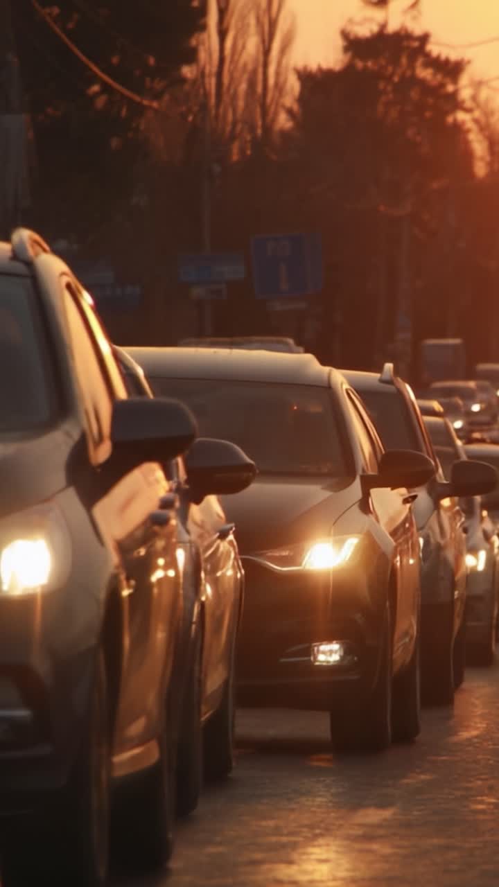 Traffico urbano intenso al tramonto: una serie di auto bloccate in coda mentre il sole tramonta, illuminando la scena con colori caldi e creando un paesaggio cittadino dinamico
