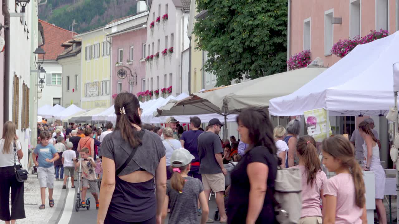 Busy Street Market in European Town