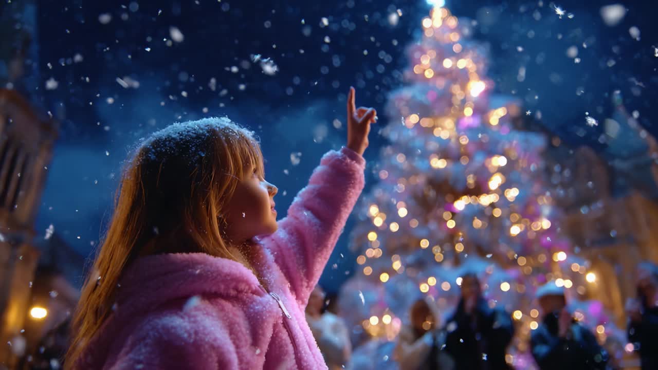 A Young Girl in a Pink Coat Reaches for the Stars Under a Majestic Christmas Tree, Bathed in Glowing Lights and Falling Snowflakes, Capturing the Enchantment of a Winter Wonderland Celebration