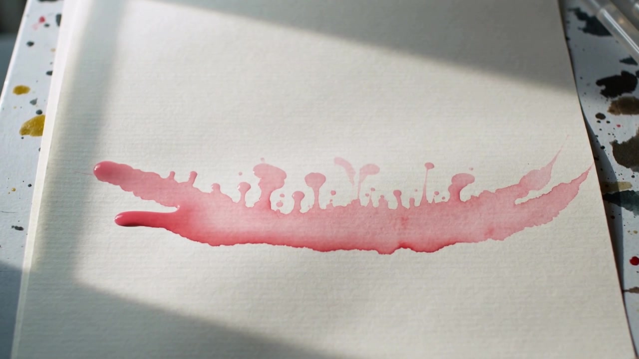 Pooling pink bead forming wash on watercolor paper in studio, forming spikes, palette window shadow