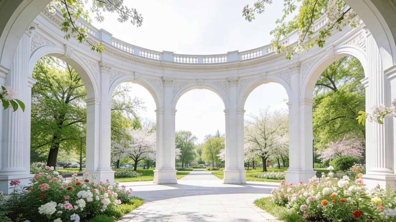 カメラがプッシュを開始し、公園にある3つのアーチと柱を持つ列柱が映し出され、花壇が見えている。