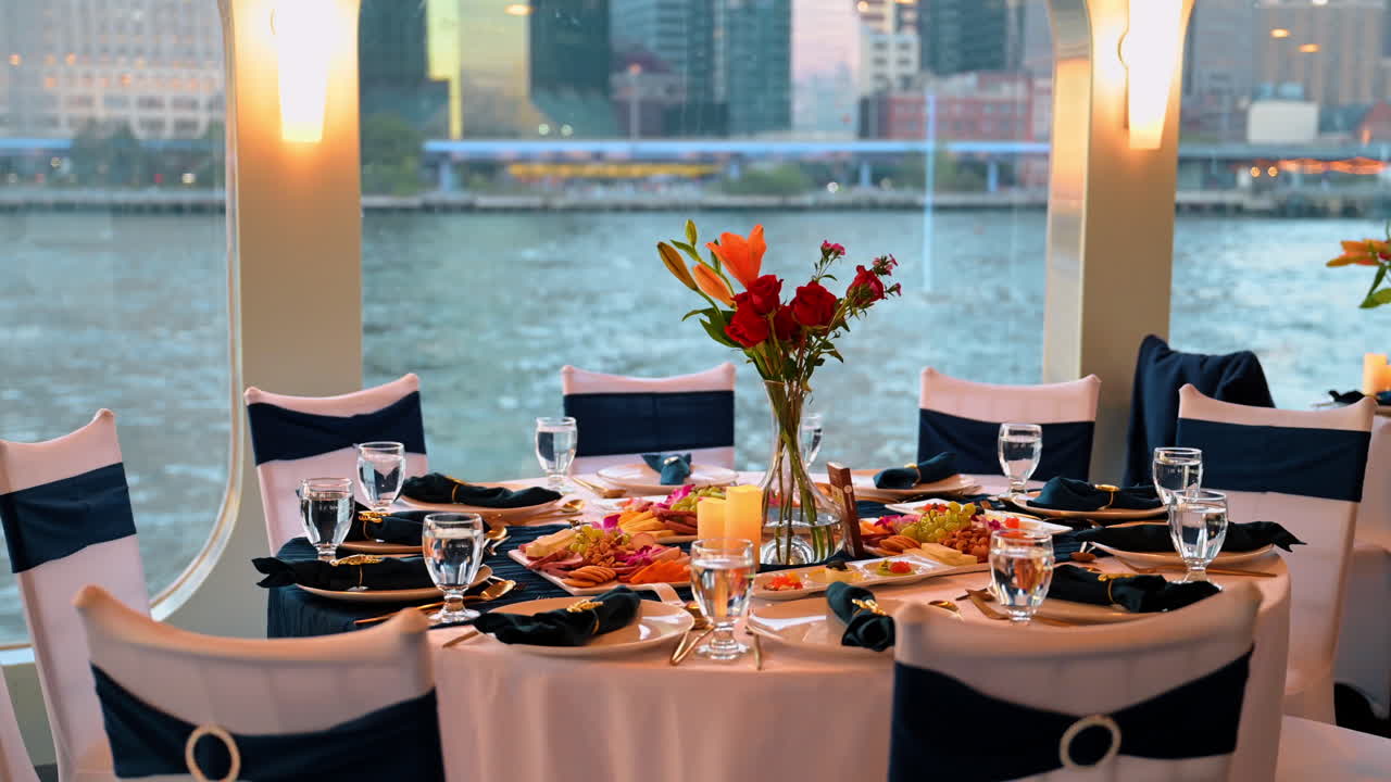 New York, USA, 2 August 2025: Set dining table on tourist boat with city view background. Close-up of a banquet table with charcuterie and roses inside a boat