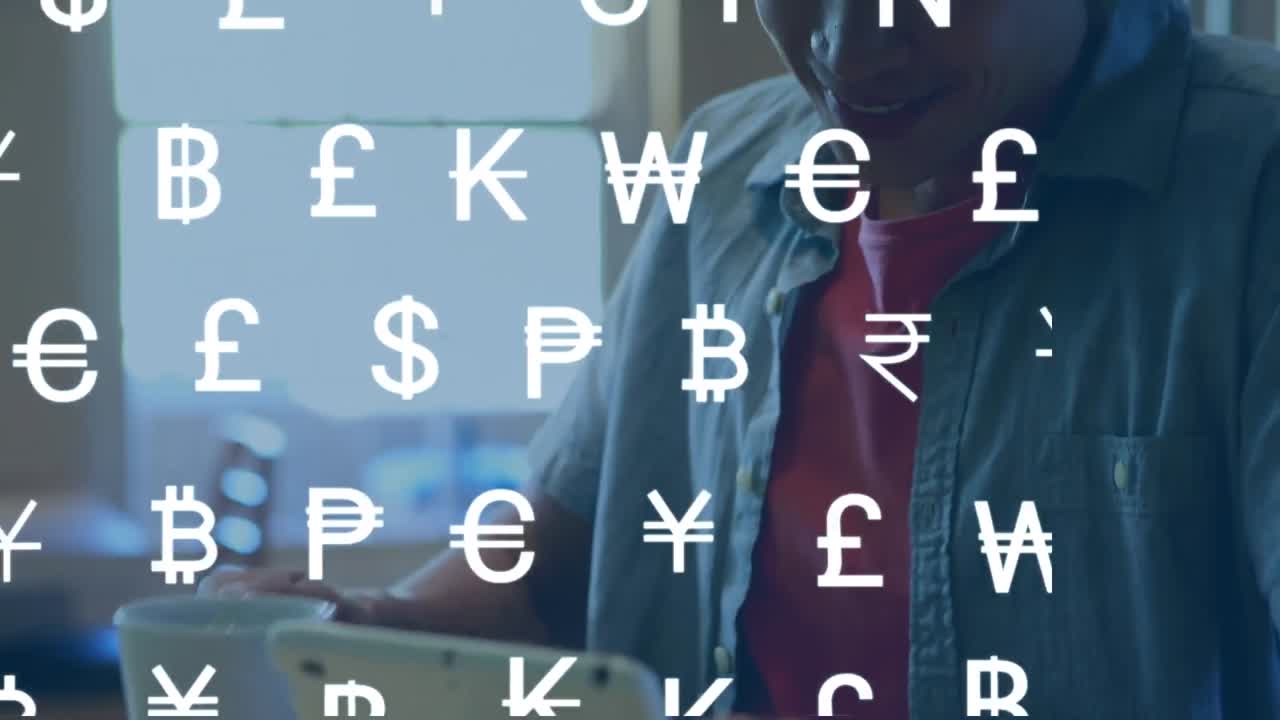 Animazione di rete di simboli di valuta digitale su uomo d'affari in ufficio
